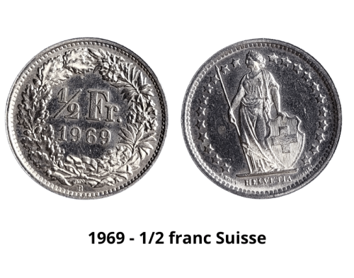 The 1/2 Swiss franc coin of 1969 is made of Cupronickel